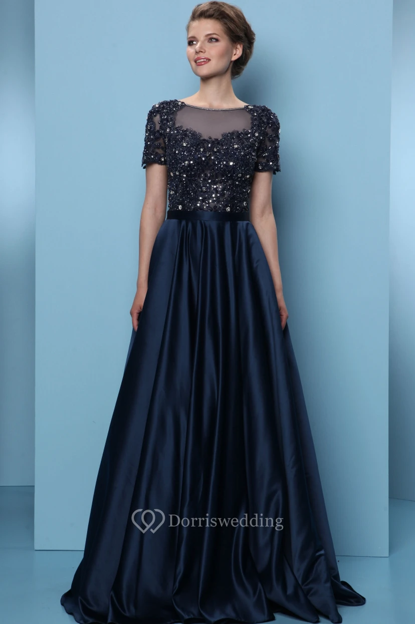 A-Line Long Short-Sleeve Crystal Scoop-Neck Satin Prom Dress With Pleats