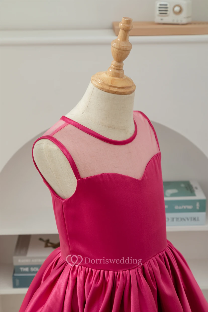 A-line Short Satin Layered Fuchsia Flowergirl Dress view 6