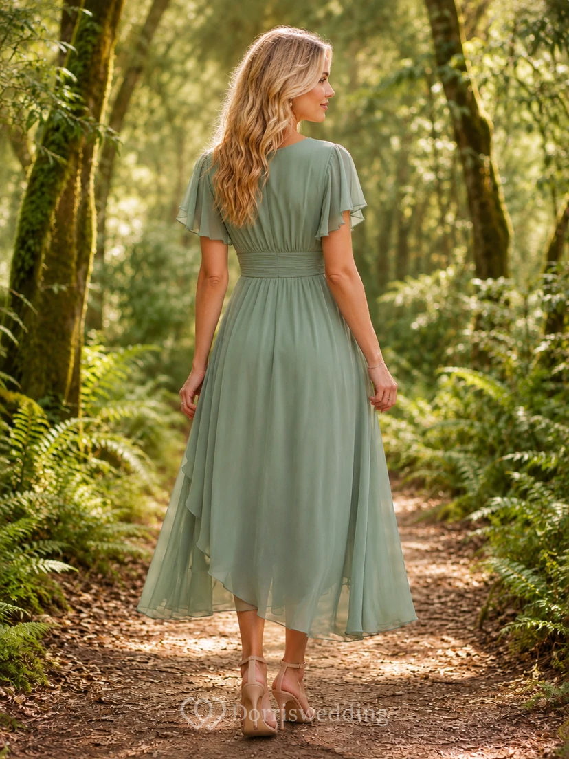 Woodland Sage V-Neck Chiffon A-Line Tea-Length Flutter Sleeve Guest Dress view 2