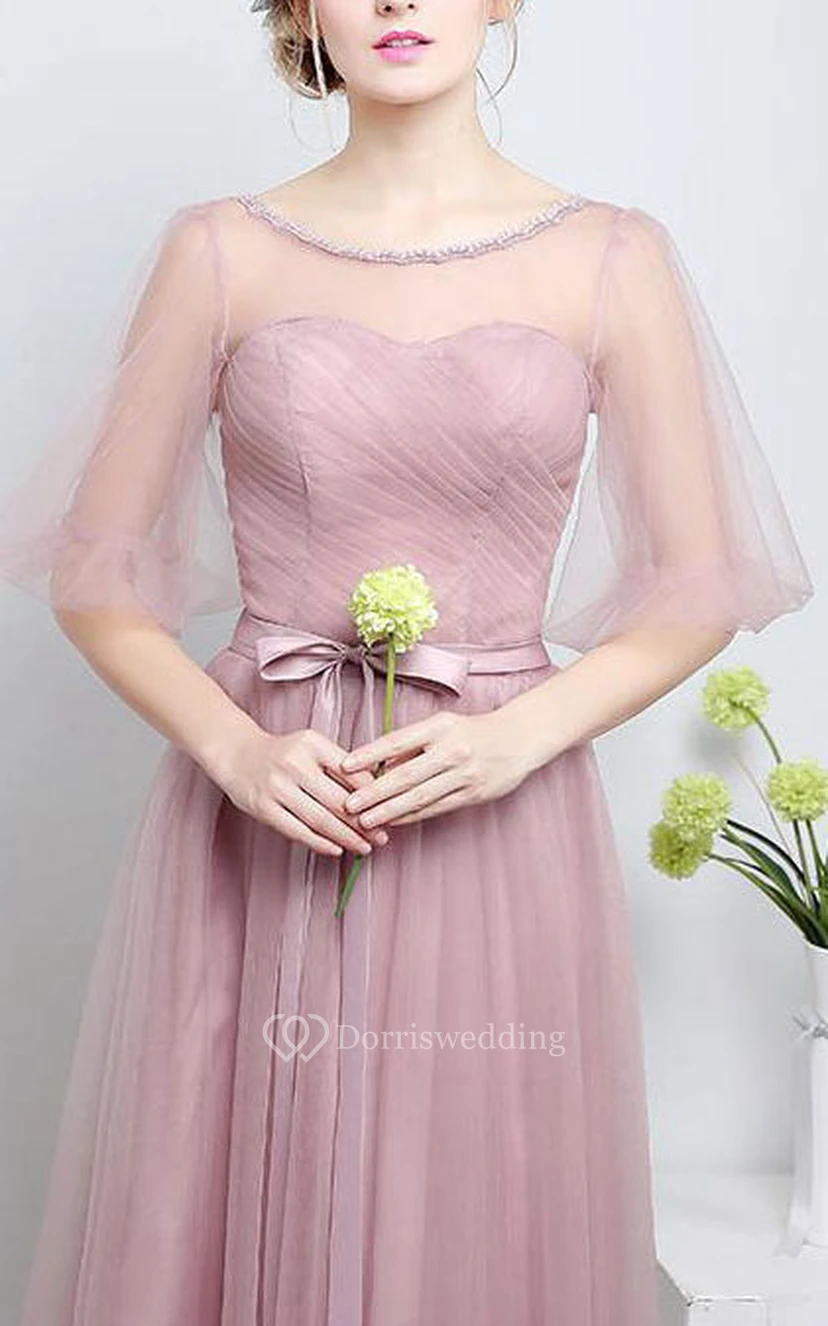 A-line Bow Flower Sash Tulle Illusion Dress view 4