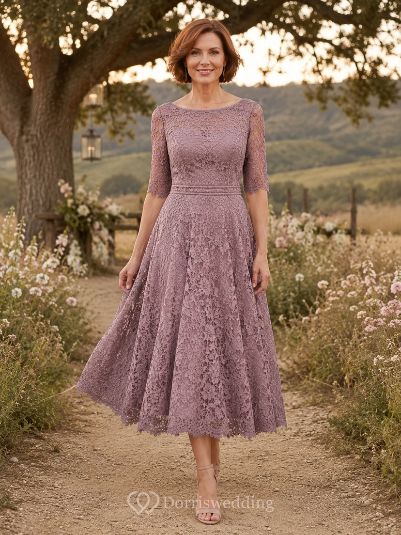 Vintage-Kleid in Mauve, schlichtes U-Boot-Ausschnitt-Kleid mit halben Ärmeln, floraler Spitze, A-Linie, Teelänge, Landhausstil, festliches Kleid für die Mutter des Bräutigams