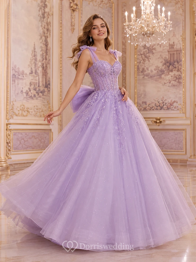 Lavender Parisian Square Strap Beaded Back Bow Tulle Quinceanera Princess Ball Gown
