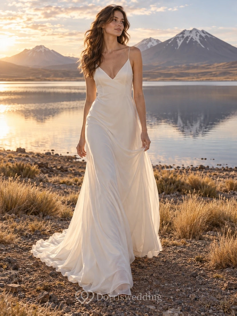 Vestido de novia de gasa con escote en V, cintura drapeada y tirantes finos.