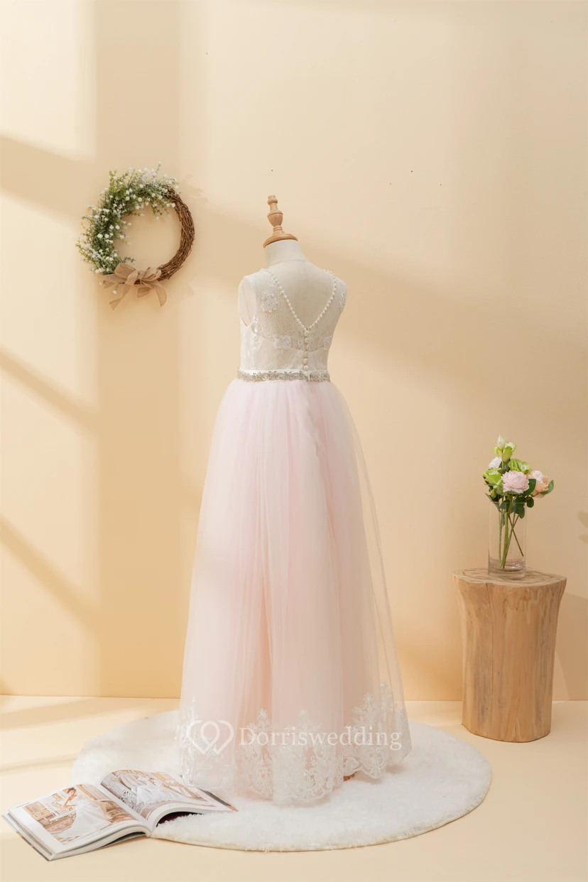 Angel Lace Scoop-neck Sleeveless Tulle Beaded Applique Flowergirl Dress view 4
