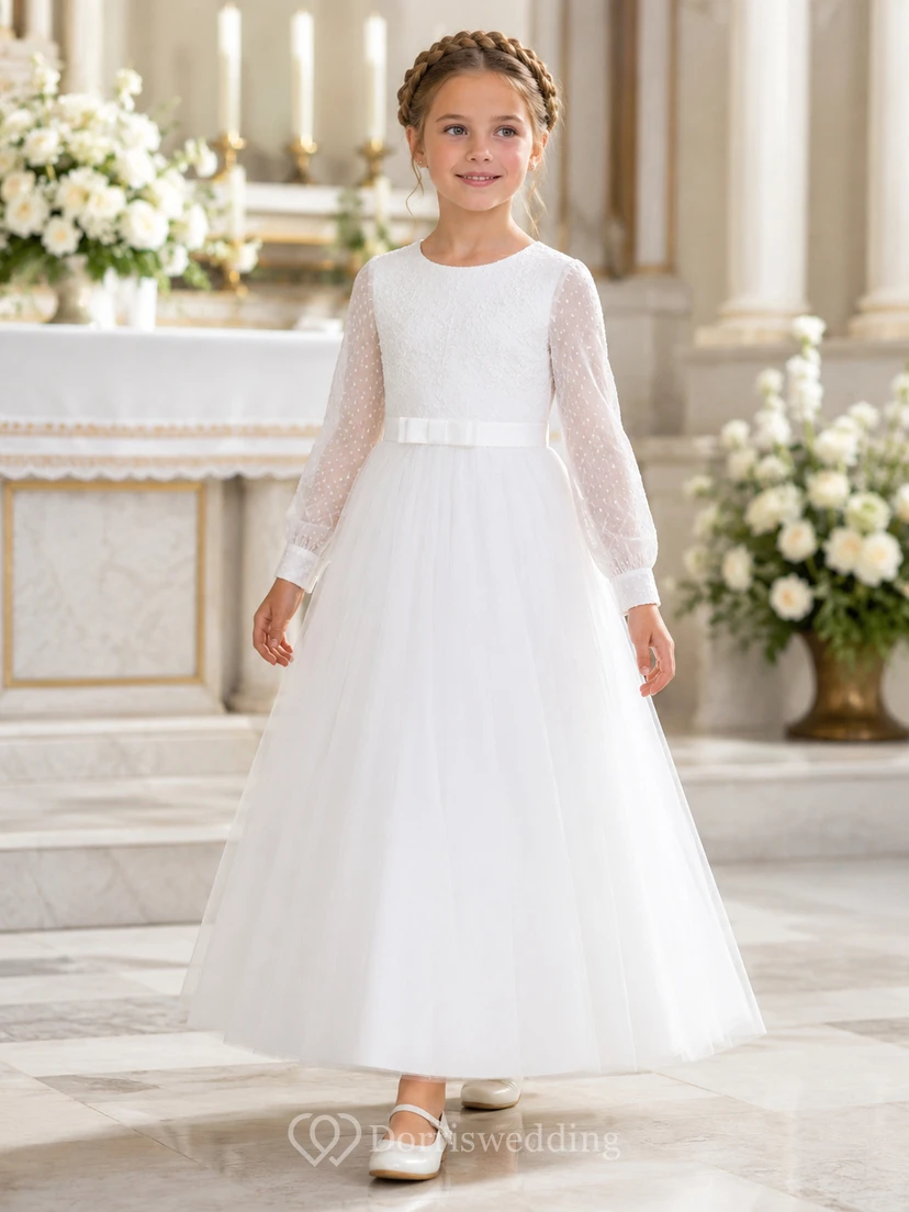Langes, transparentes Tüllkleid mit Ärmeln für Kommunion, Blumenmädchen, schlichtes Kirchenkleid