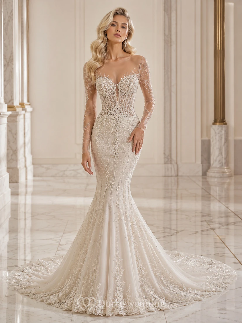 Robe de mariée sirène en dentelle perlée à manches longues illusion et décolleté en cœur