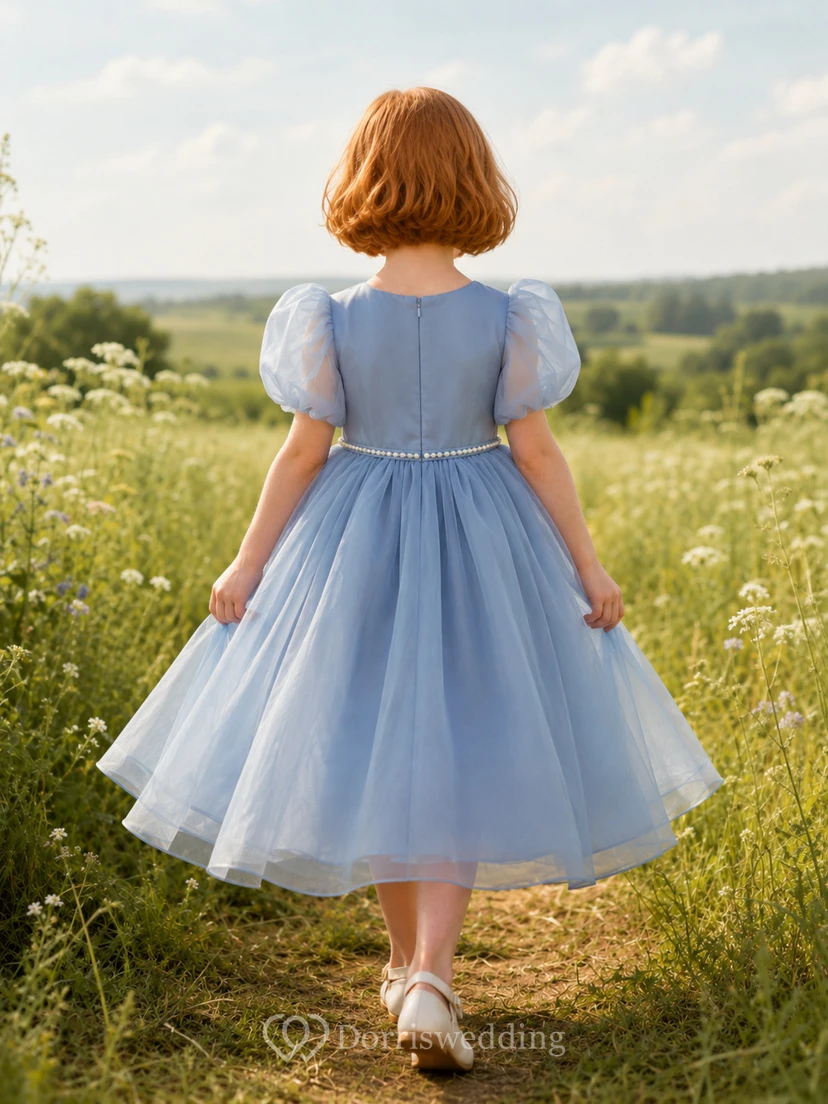 Blumenmädchenkleid, himmelblau, Tüll, A-Linie, kurze Ärmel, Rundhalsausschnitt, Teelänge, Schleifendetail view 2