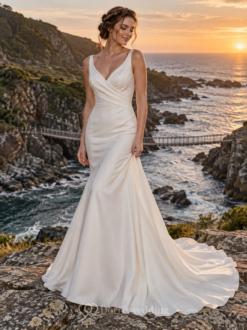 Vestido de novia sencillo de satén con escote en V, estilo sirena, tirantes anchos y drapeado en la cintura.