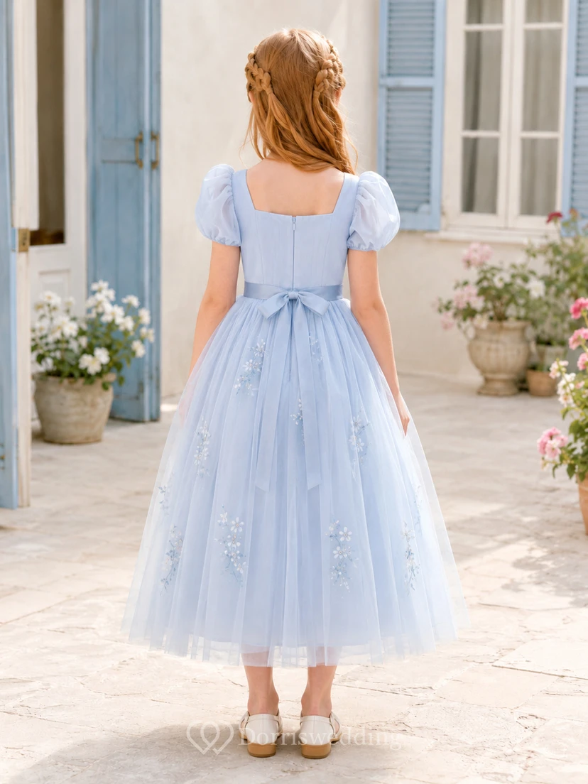 Vestido de niña de las flores azul cielo, encaje, tul, corte en A, cuello joya, largo hasta la rodilla view 2