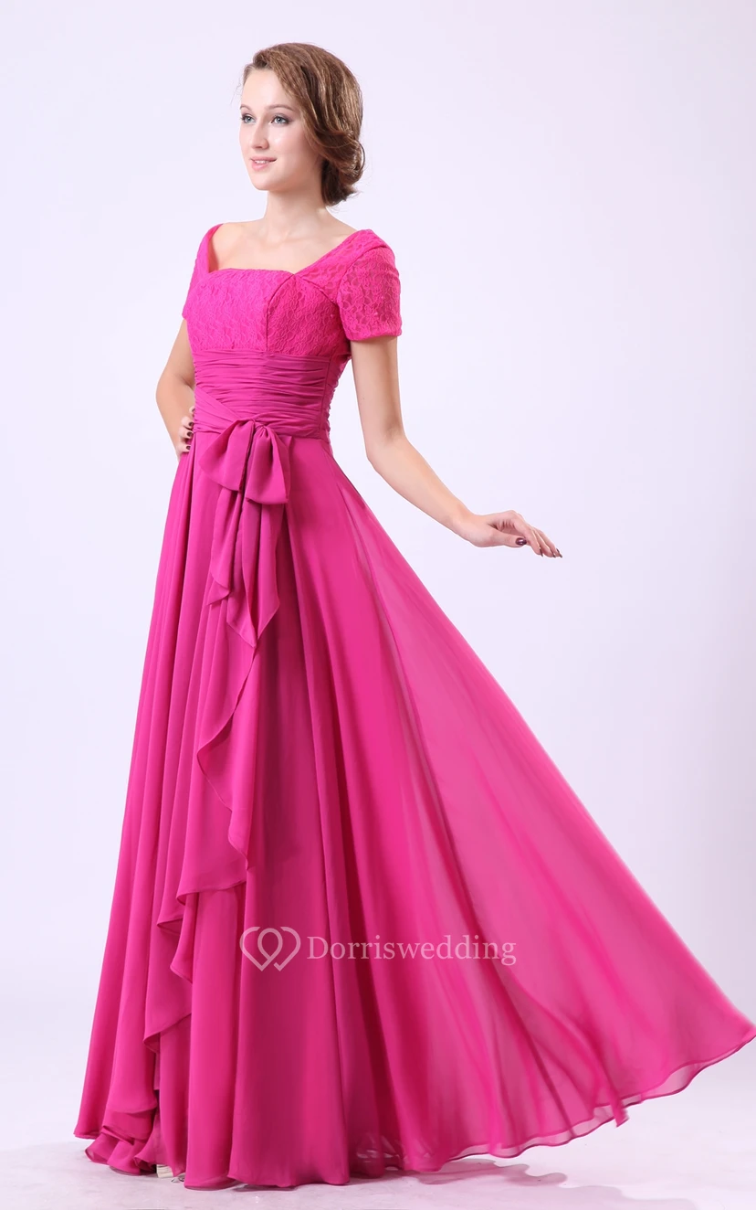 Square-Neck Short-Sleeve Chiffon Dress With Pleating and Laced Top view 2