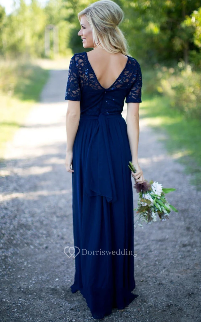 Half-sleeved Scoop Neck A-line Chiffon Lace Dress view 2