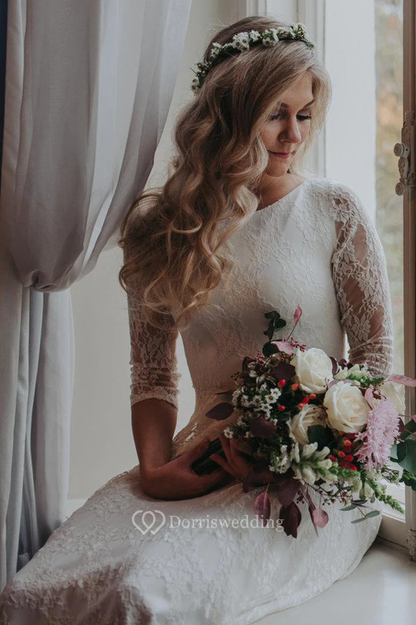 Vestido de novia de gasa, jersey, satén, fajín, cinta y encaje view 4