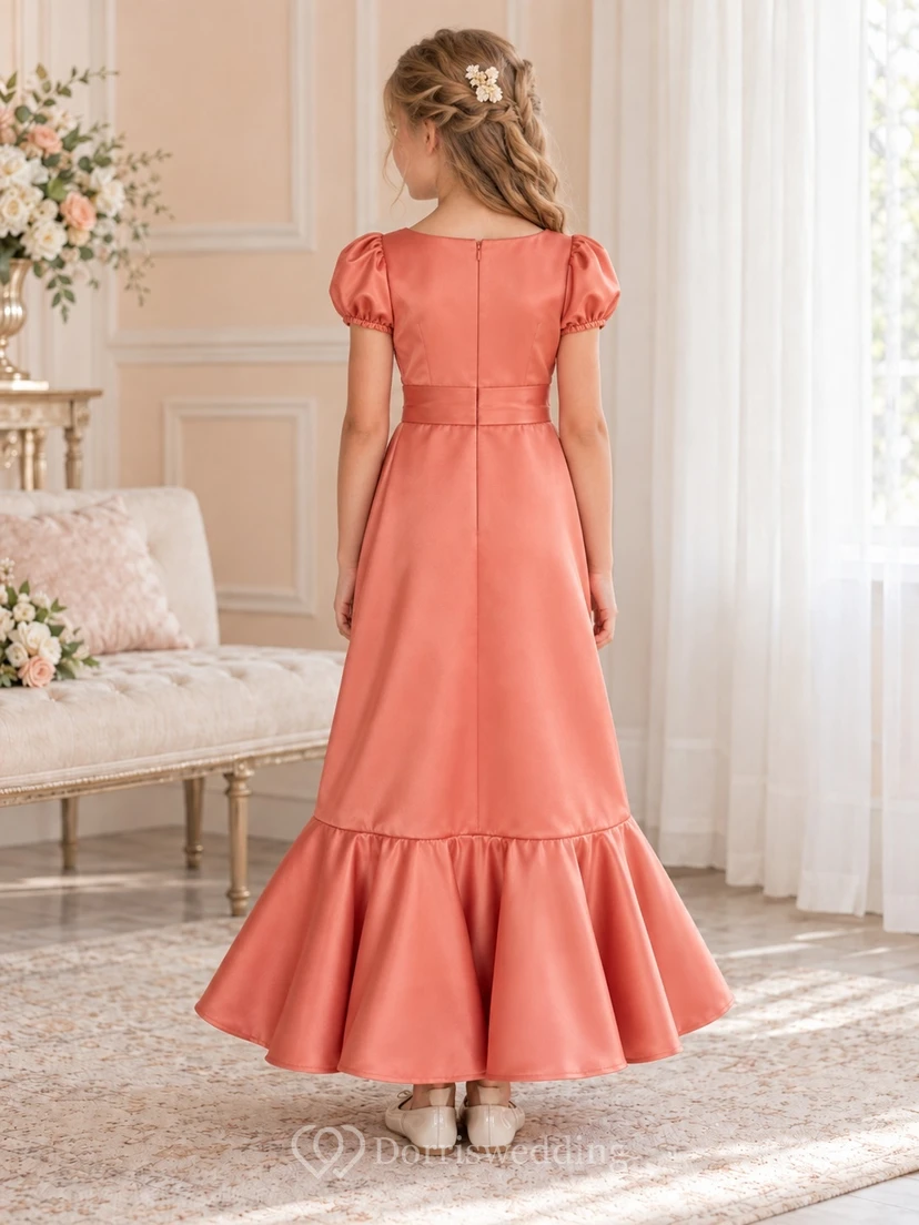 Coral Jewel Neck Puff Sleeve Fluted Hem Satin Flower Girl Dress view 2
