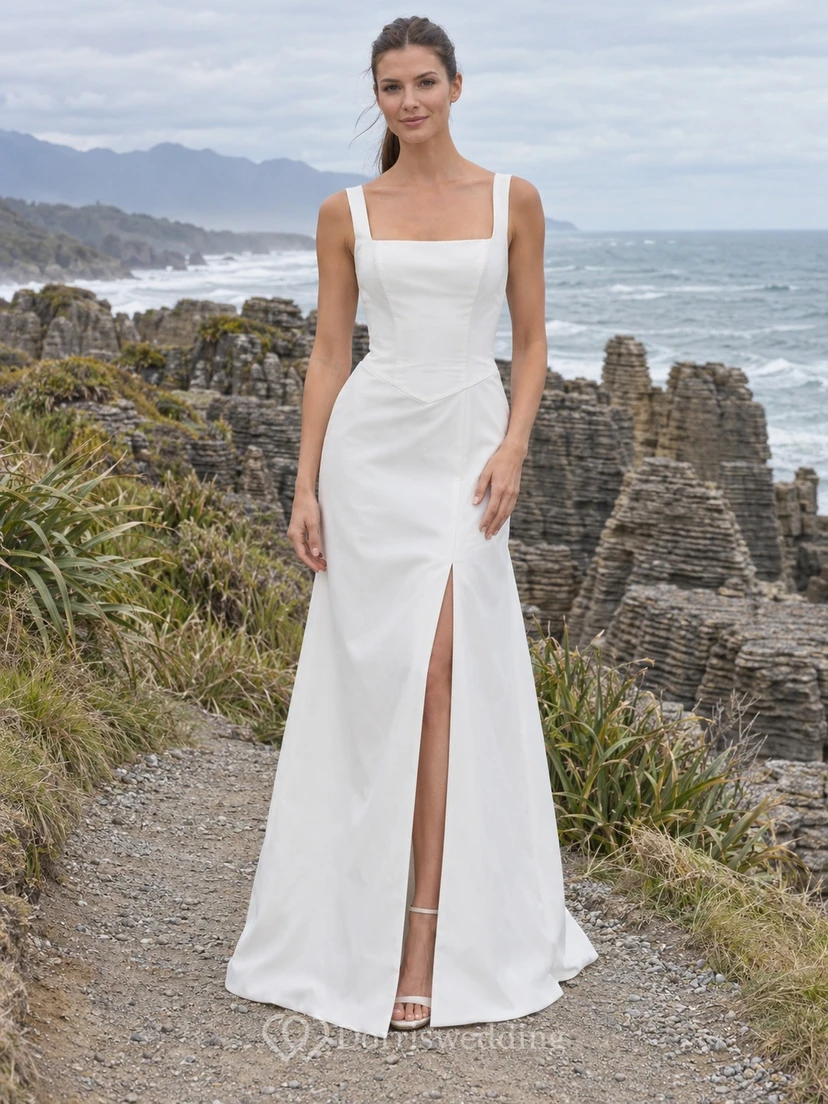 Schlichtes, eckiges Brautkleid mit Trägern und Schlitz