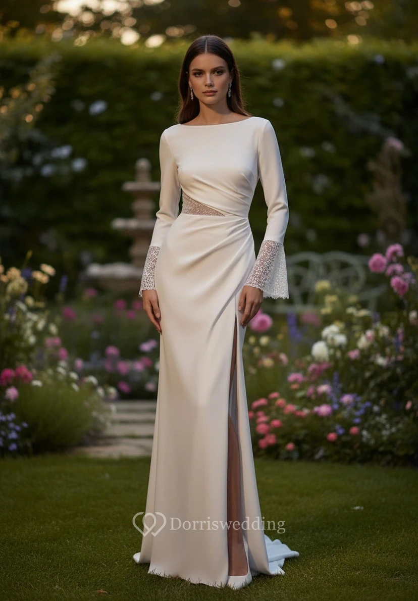 Long Sleeve High Slit Elegant Sheath Wedding Dress with Lace
