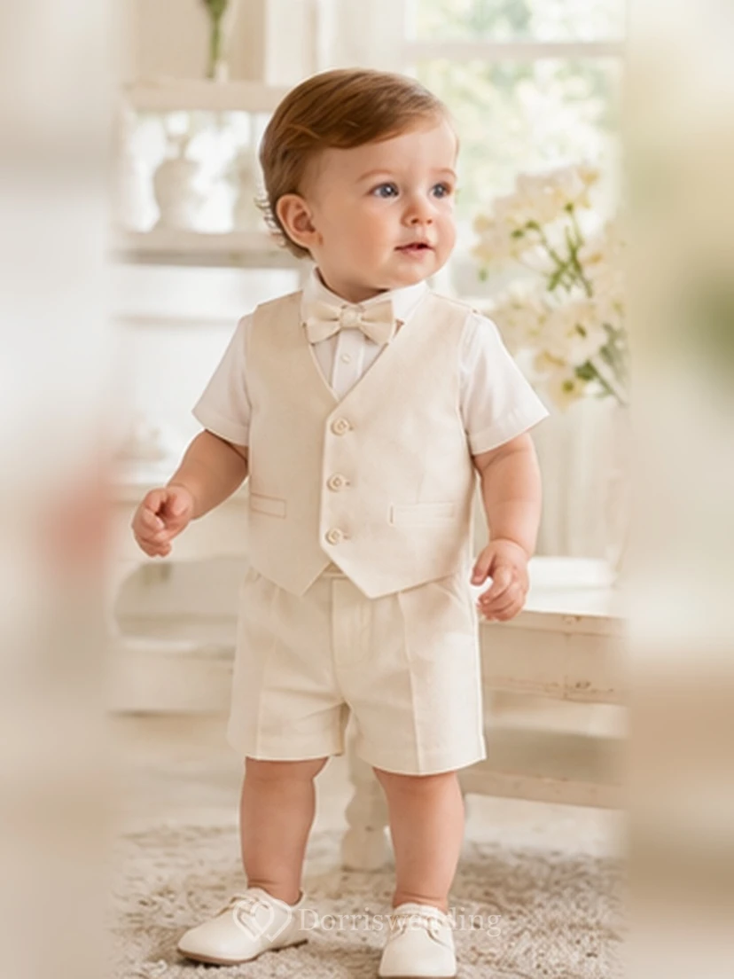 Cream Button Vest Bow Tie Short Baptism Suit Set for Baby Boy