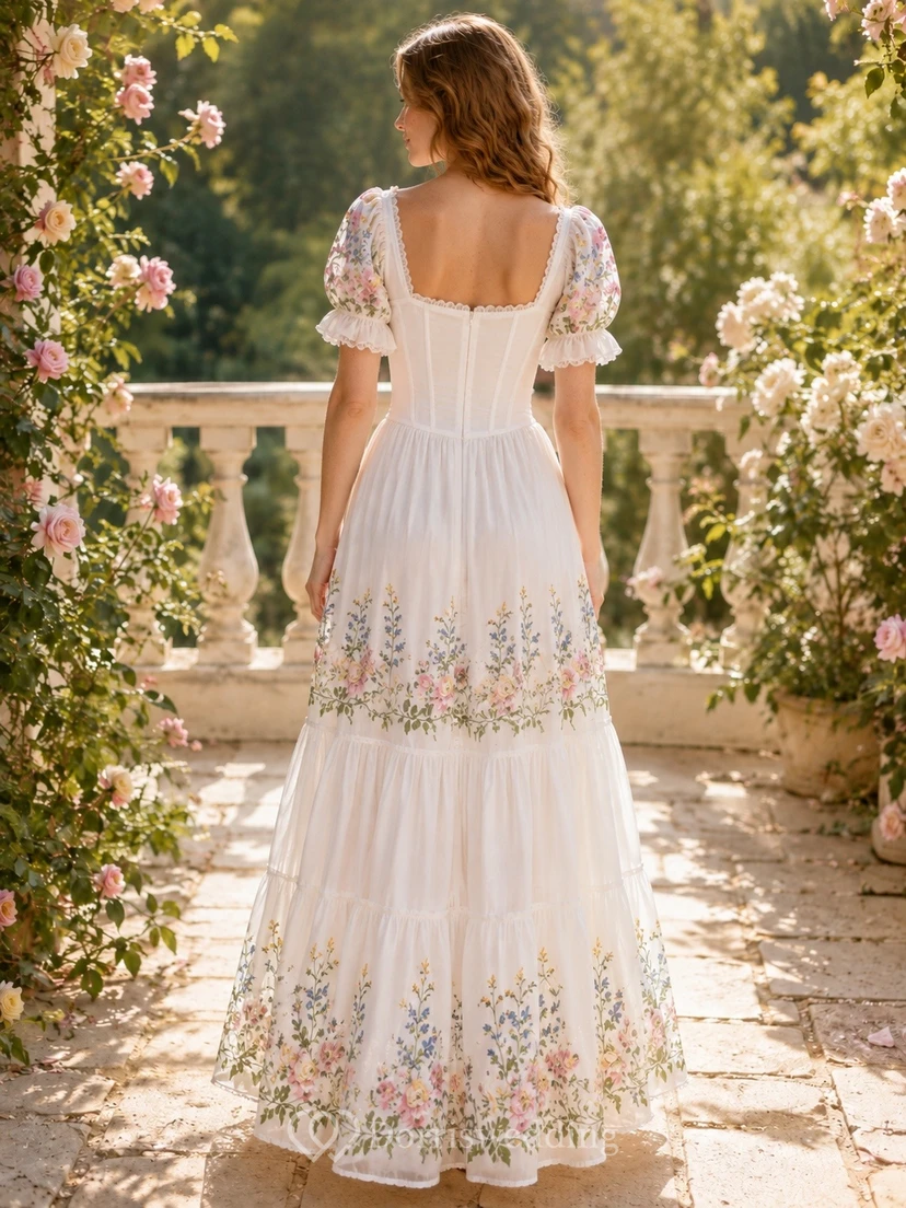White Floral Lace V-Neck Short Sleeve Ankle Length Bohemian Dress view 2