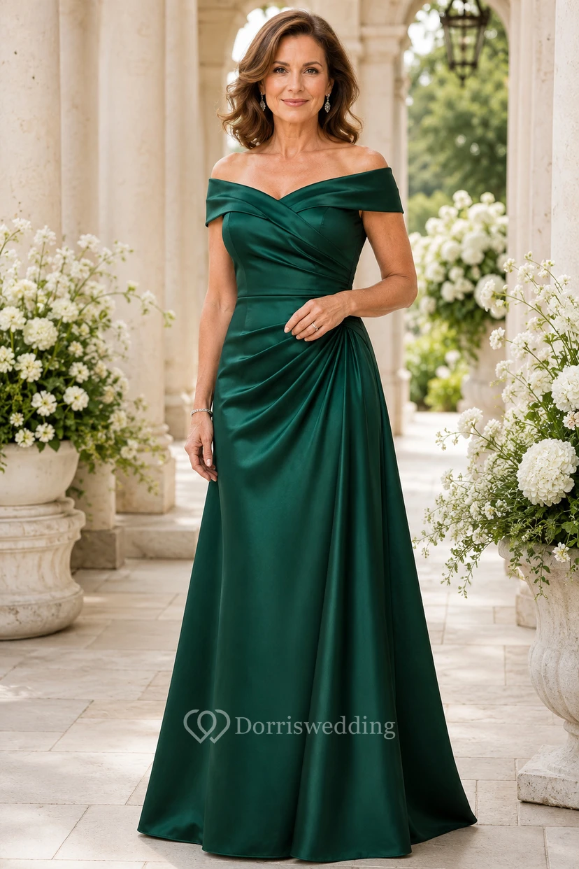 Dunkelgrünes schulterfreies A-Linien-Kleid aus Satin für Mütter
