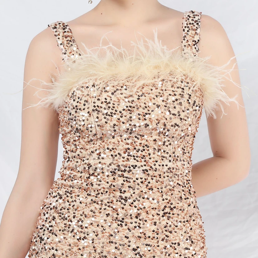 Craft Ostrich Feather Velvet Sequined Evening Dress view 18