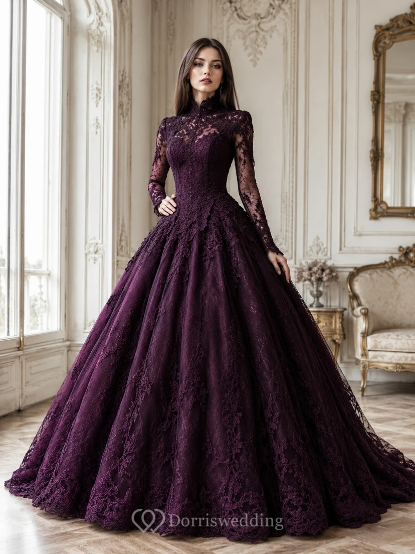 Plum High-Neck Long-Sleeve Lace-Tulle Ball Gown Floor-Length Gothic Dress