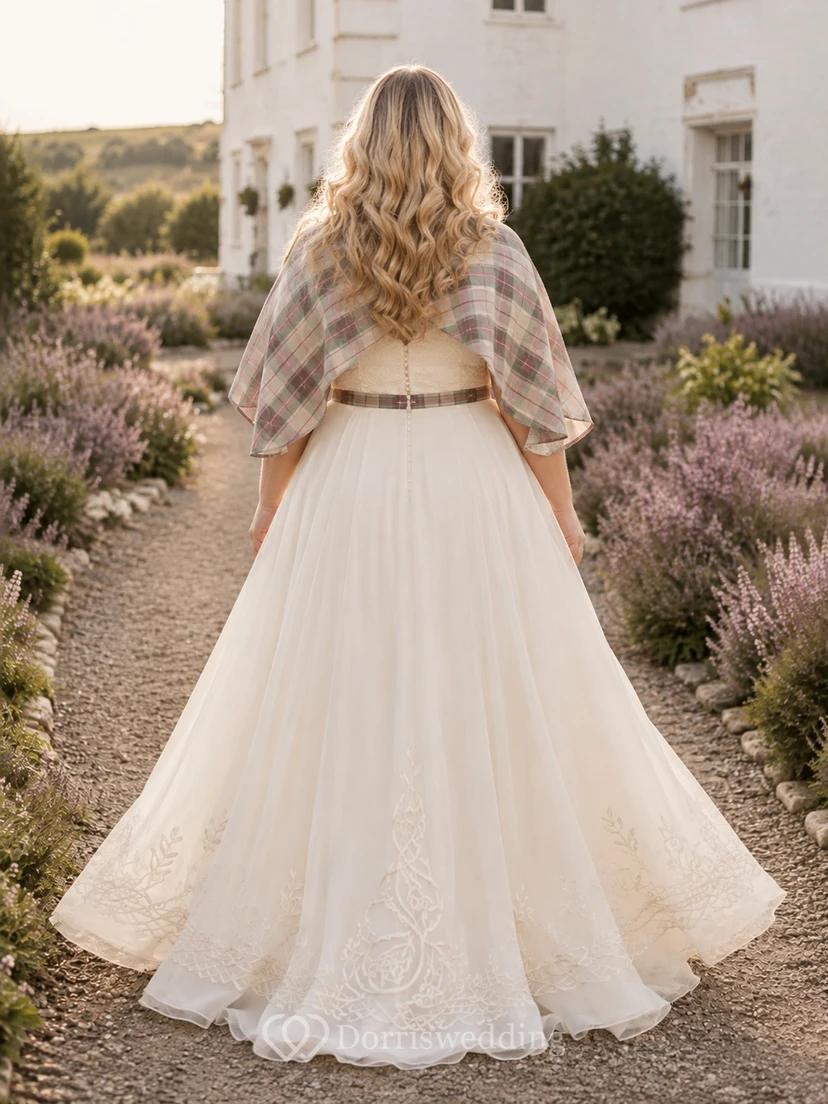 Plus Size Scottish Tartan-Shawl Cap-Sleeve V-Neck Lace A-Line Boho Wedding Dress view 2