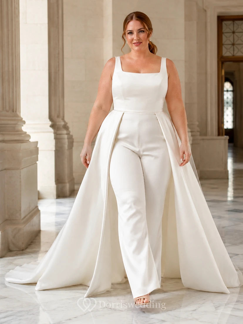 Combinaison de mariée grande taille en satin à col carré et bretelles larges, avec surjupe amovible.