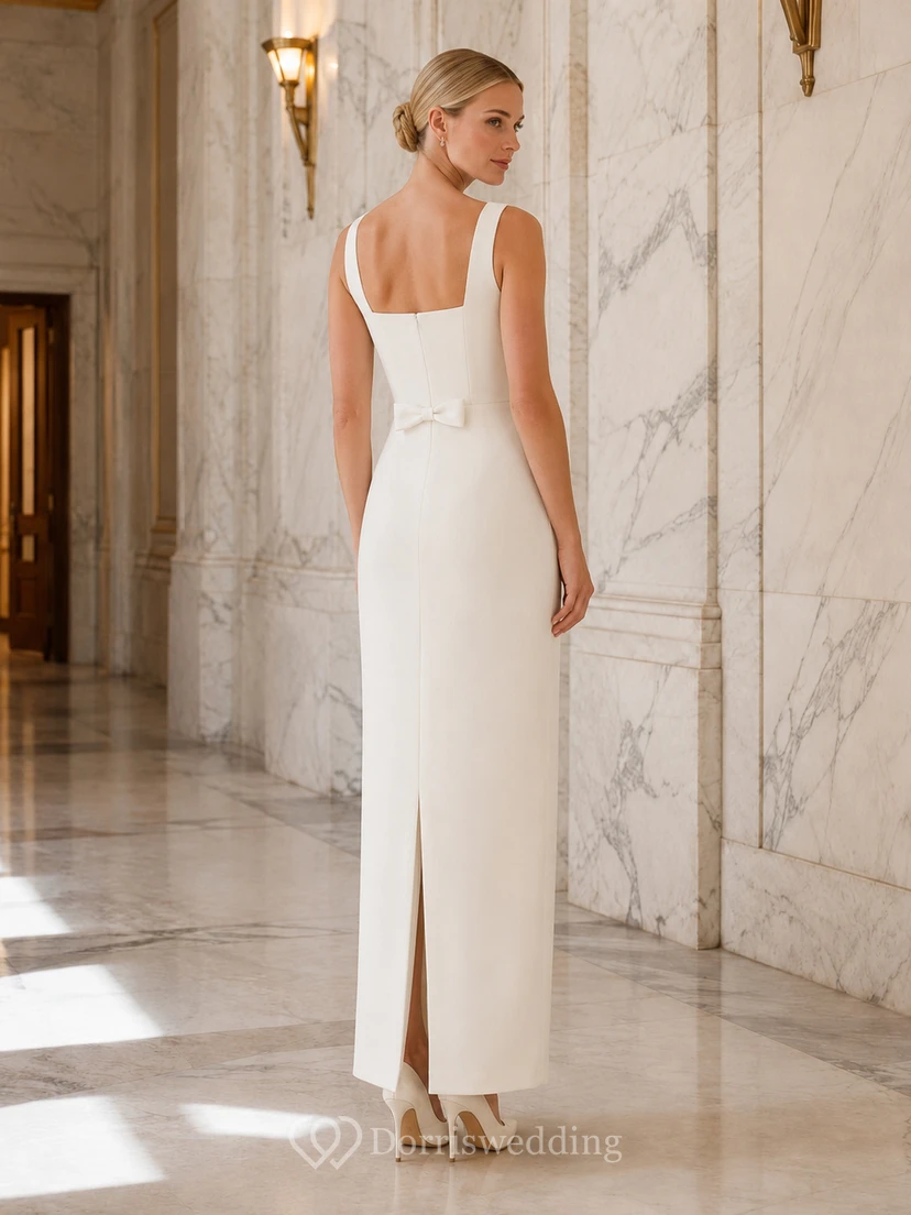 Courthouse Wedding Minimalist Square Neck Strap Column Floor Length Dress view 2