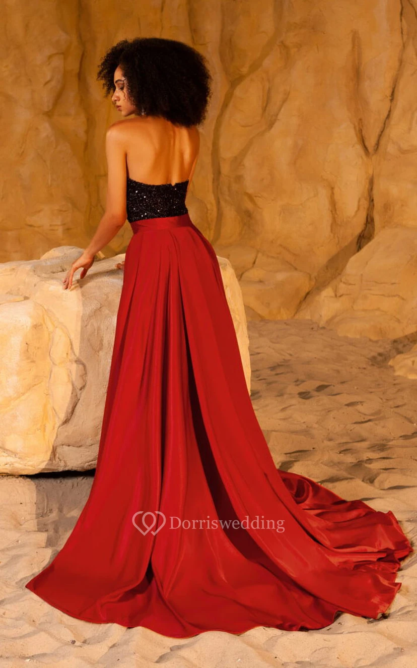Sexy Black and Red Two-Tone Sheath Prom Dress with Detachable Train view 2