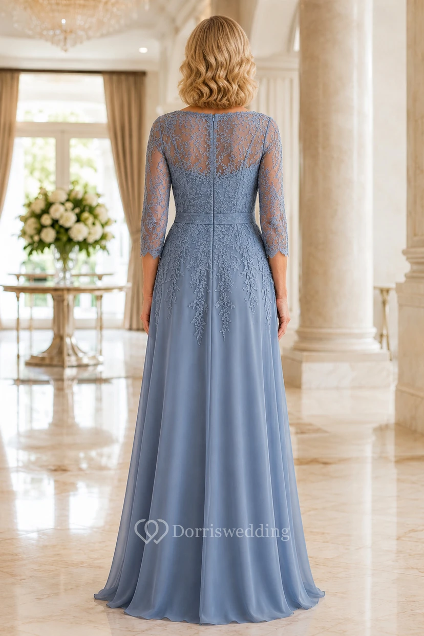 Elegantes stahlblaues Chiffon-Mutterkleid mit Spitzenoberteil und Dreiviertelärmeln view 2