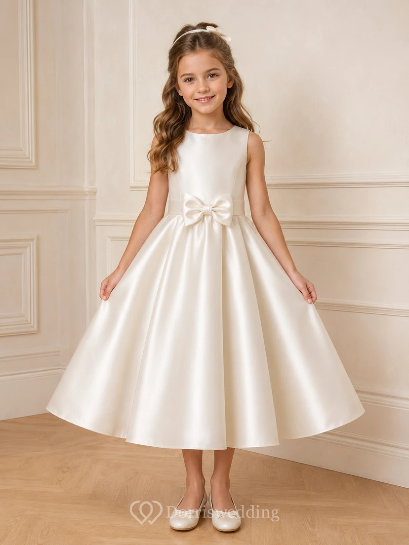 Robe de demoiselle d'honneur mi-longue en satin ivoire avec nœud
