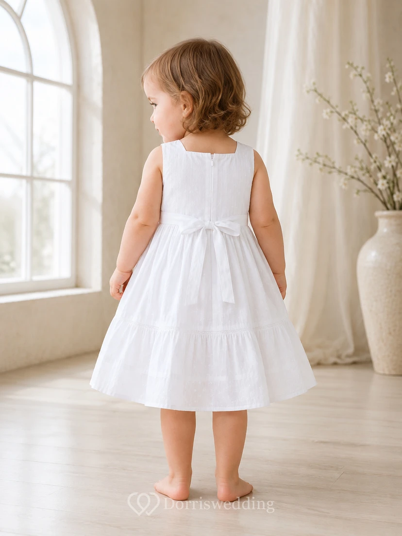 Robe de baptême bébé en batiste de coton, coupe trapèze, longueur thé, col carré, simple, adorable, élégante, sans manches view 2