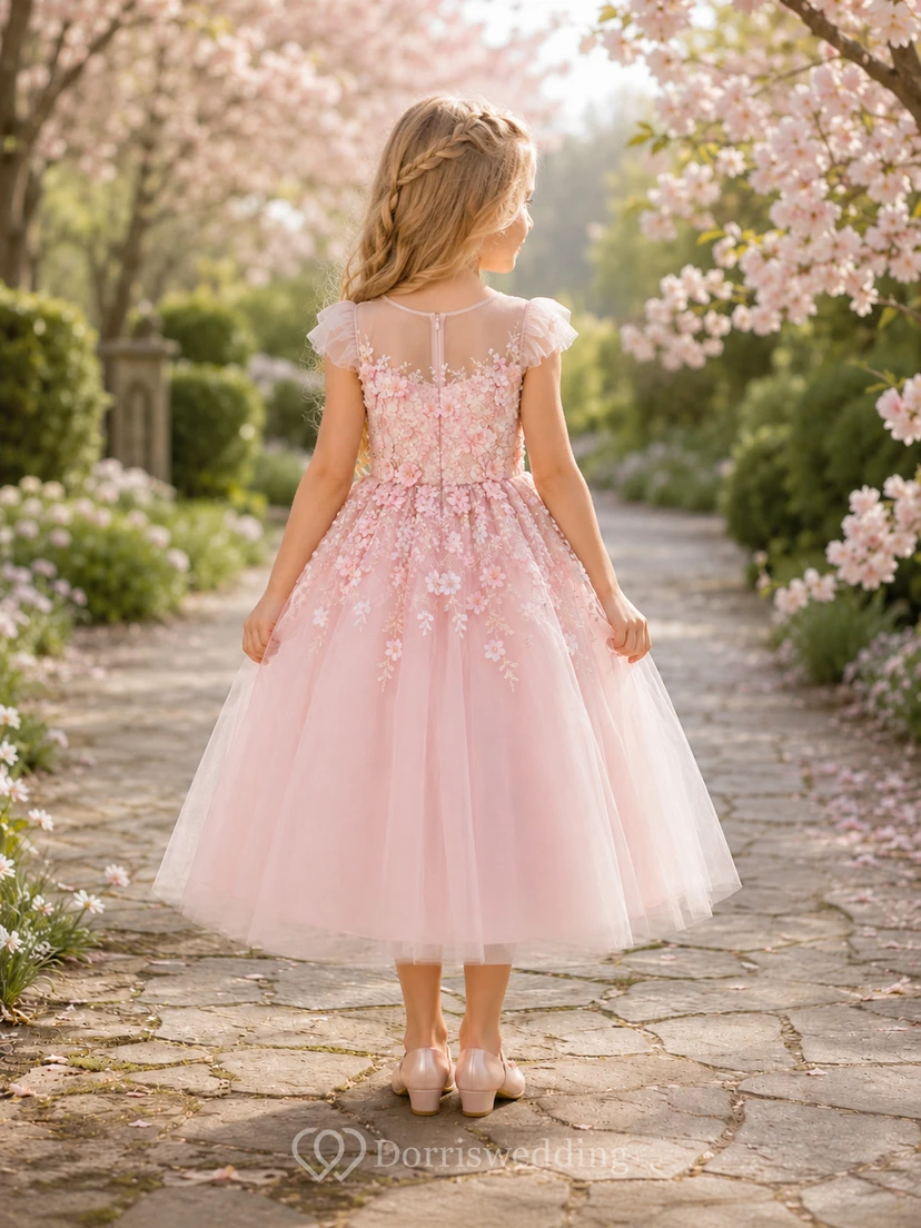 Blushing Pink Floral Applique Cap Sleeve Tulle Tea-Length Garden Flower Girl Dress view 2