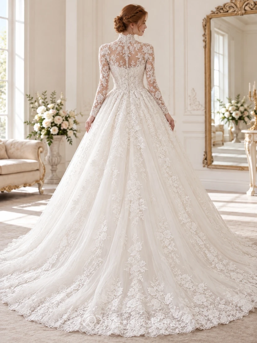 Robe de mariée de bal en tulle fleuri à col montant et manches longues, style modeste, ornée de fleurs. view 2