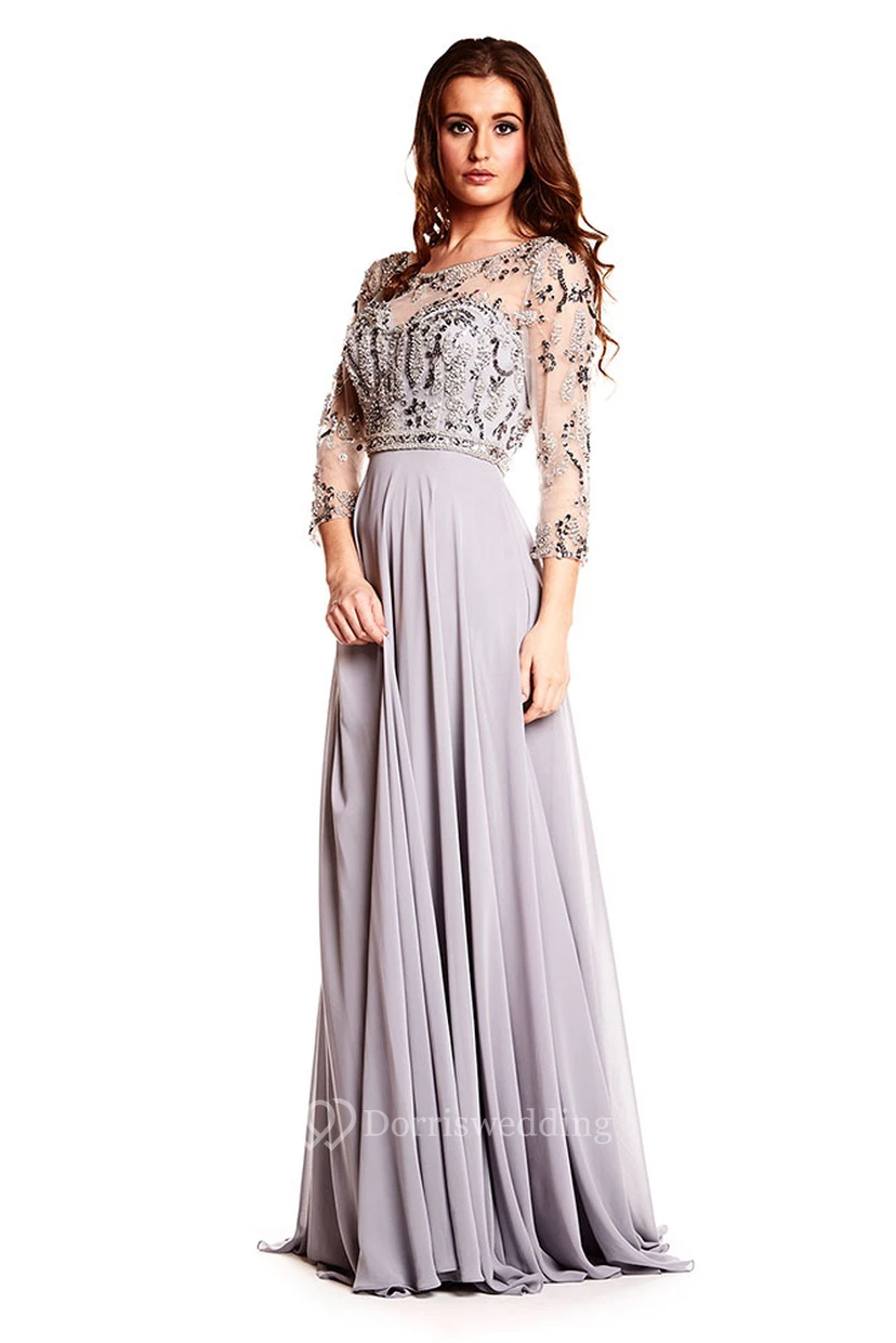 Maxi Long Sleeve Beaded Scoop Neck Chiffon Prom Dress With Illusion Back view 3