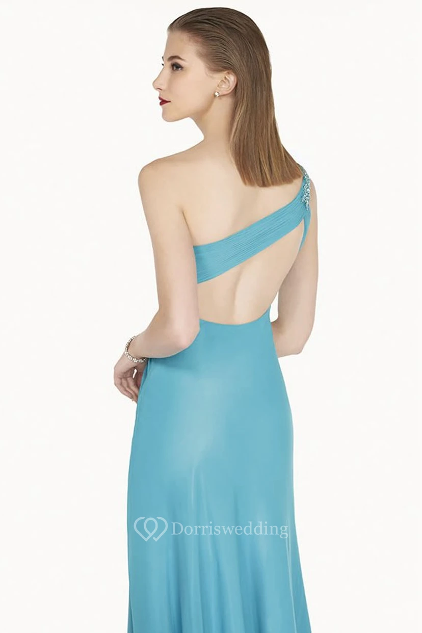 One Shoulder A-Line Chiffon Long Prom Dress With Crystal And Back Keyhole view 2