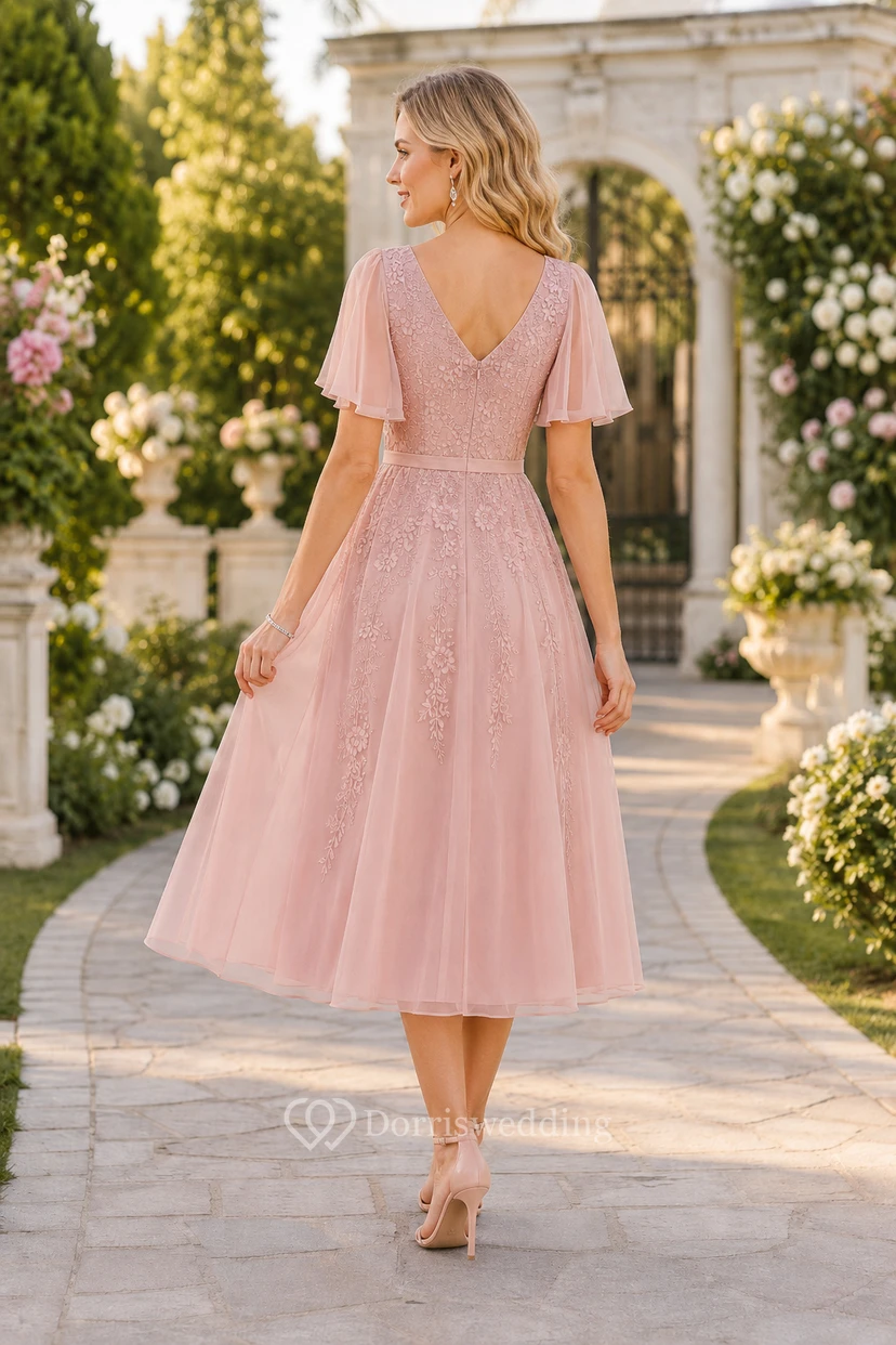 Blushing Pink Tea Length A-Line Tulle Guest Dress with Flutter Sleeves for Bridesmaids Wedding Guests and Formal Receptions view 2