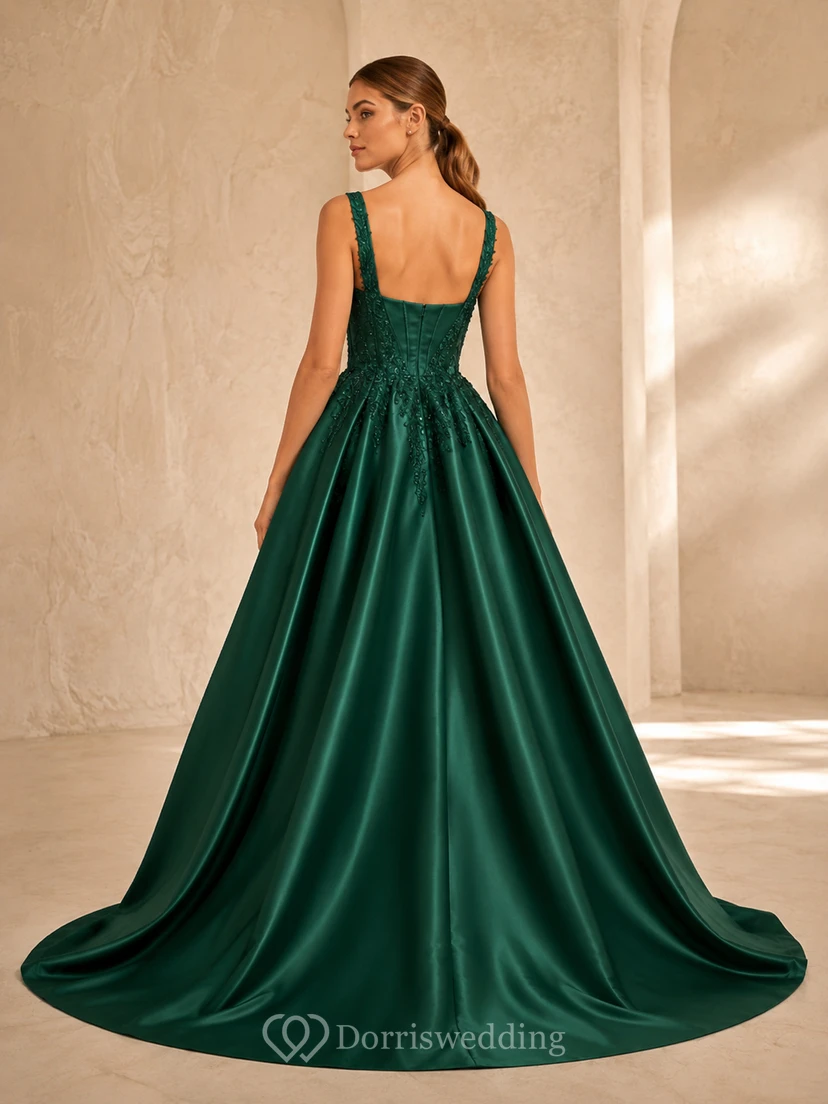 Dark Green Simple Square Neck Straps Satin Court Train Sweet Sixteen Formal Ball Gown view 2