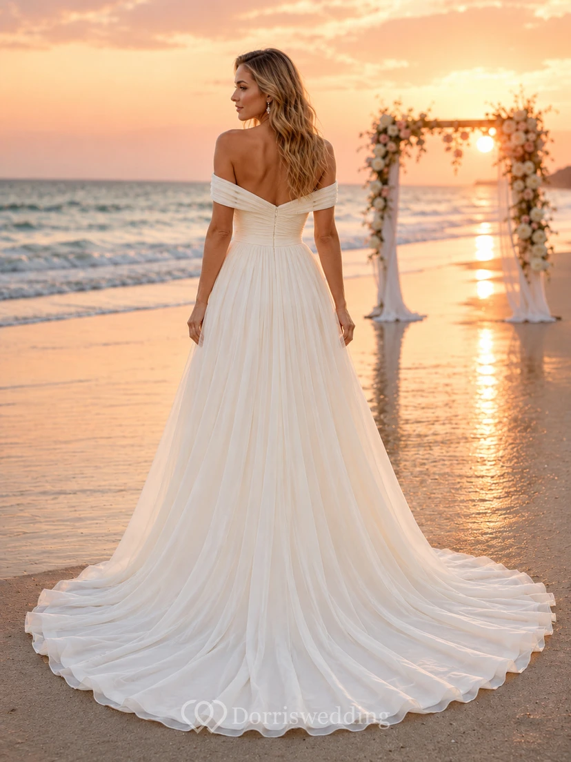 Strand-Sonnenuntergang schulterfreies Chiffon-A-Linien-Hochzeitskleid view 2