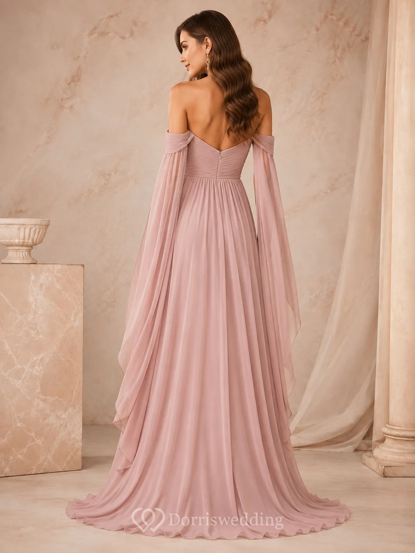 Dusty Rose Off-Shoulder Chiffon Empire A-Line Cape Sleeve Evening Dress view 2