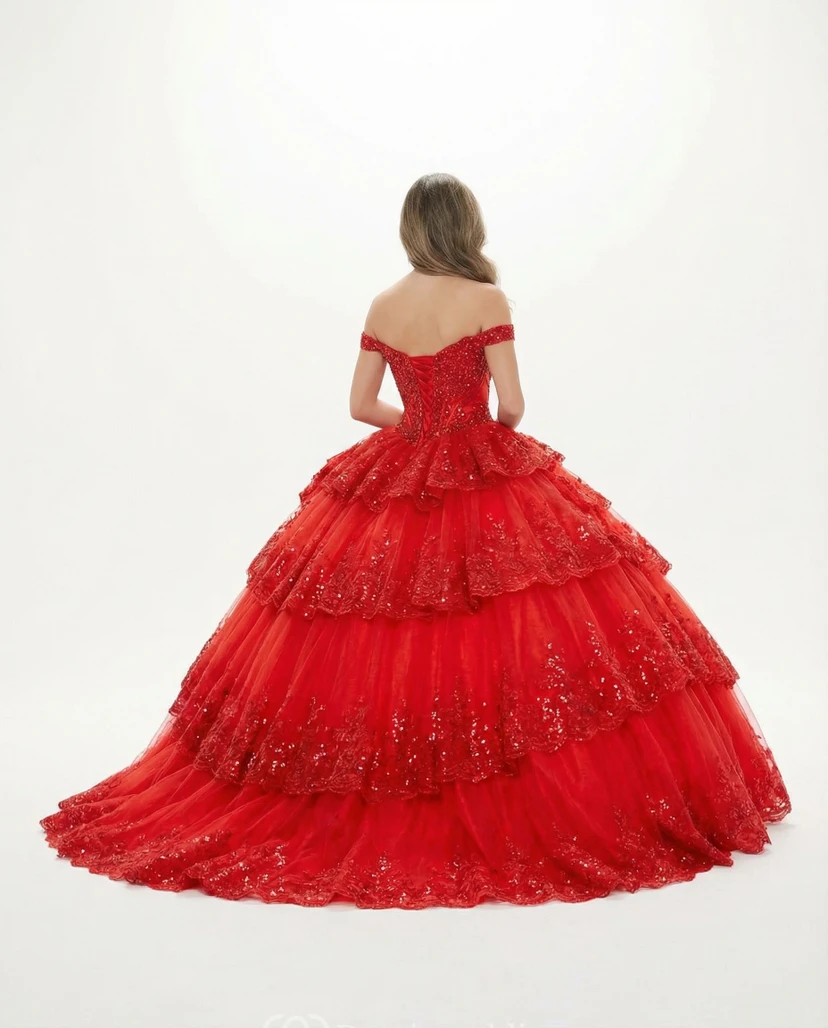 Rotes Quinceañera-Ballkleid, schulterfrei, mit Perlen besetzt, gestuft, mit Rüschen und Spitze view 2