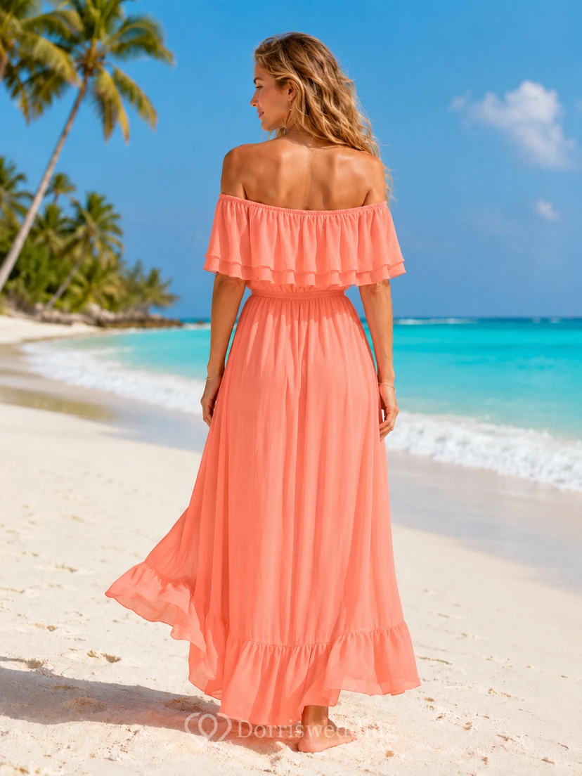 Coral off shoulder ruffle chiffon beach resort maxi dress view 2