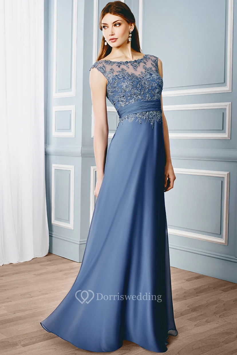 Sheath Cap-Sleeveless Bateau Floor-Length Appliqued Formal Dress With Illusion Back