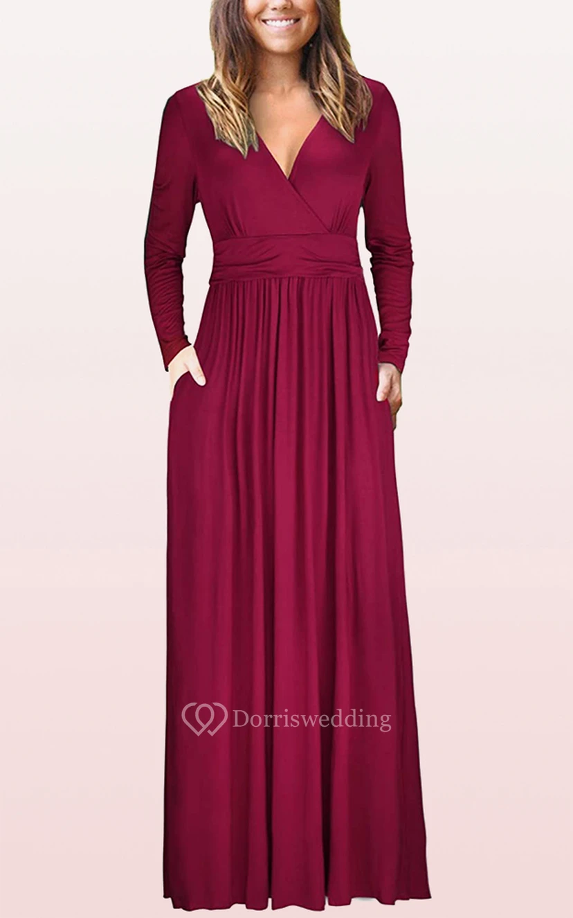 Ethereal Jersey V-neck A Line Guest Formal Dress With Pockets view 13