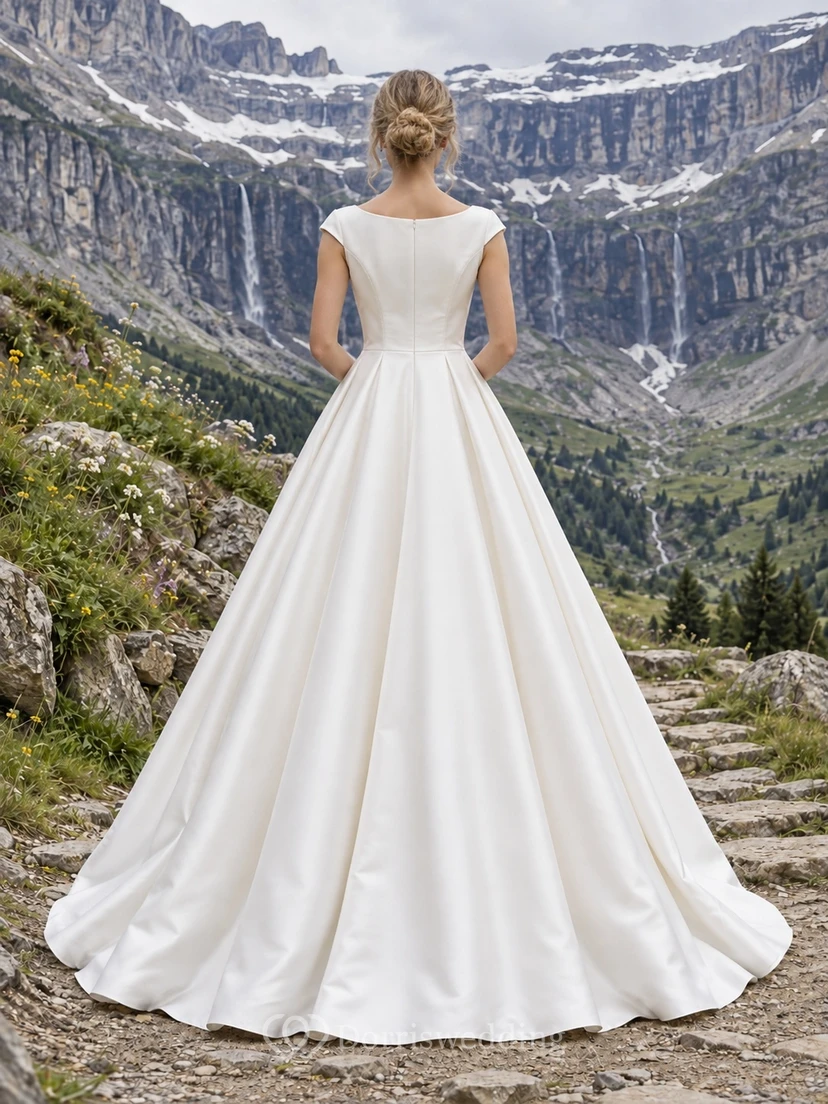 Sencillo vestido de novia de satén estilo duquesa, corte en A, escote barco, mangas cortas, largo hasta el suelo y cola. view 2