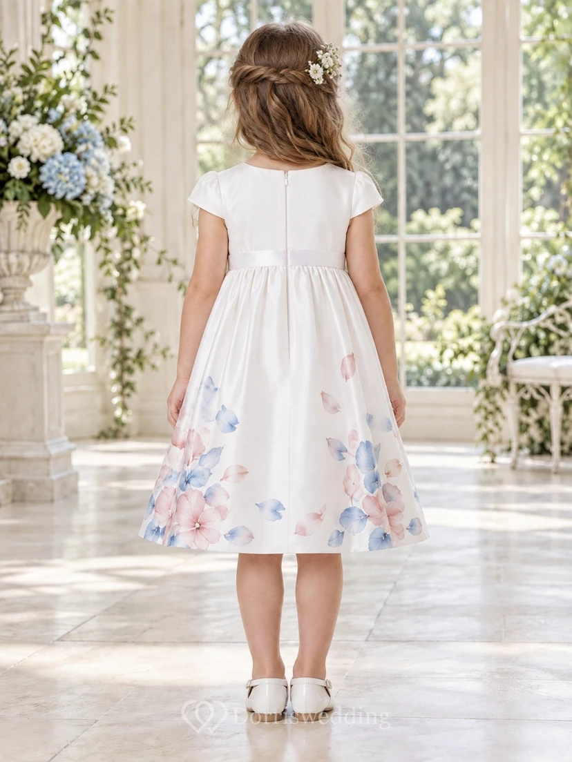 Tea-length White Floral Jewel Neck Cap Sleeve Watercolor Satin Flower Girl Dress view 2