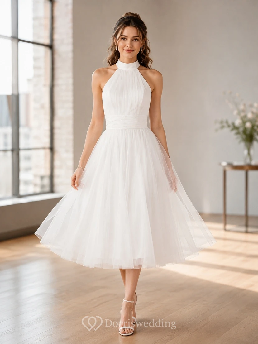 White Halter High Neck Tulle Tea-Length A-Line Dress