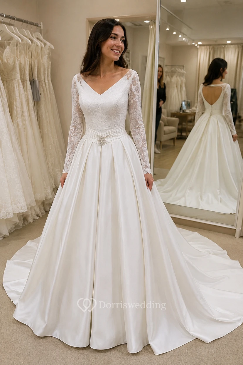 A-Linien-Ballkleid, Teelänge, V-Ausschnitt, lange Ärmel, Perlenbesatz, Jacke aus Chiffon, Tüll, Spitze, Pailletten, Organza, Satin view 6