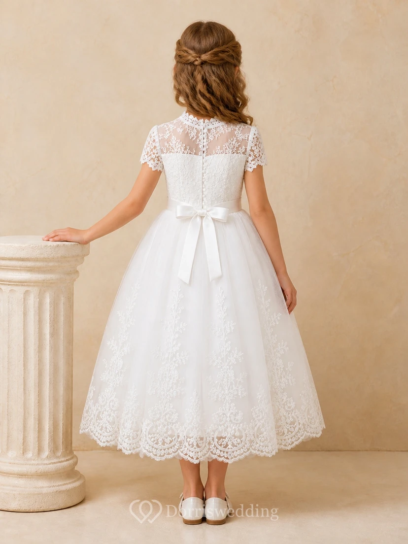 Modest Tea-length A-Line High Neck Cap Sleeve Romantic Tulle Flowergirl Dress view 2