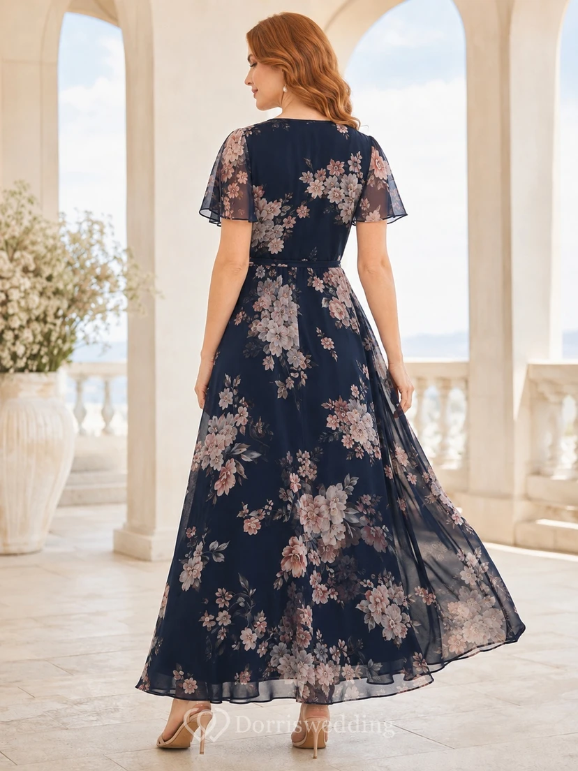 Navy Floral Chiffon Flutter Sleeve A-Line V-Neck Floor Length Garden Guest Dress view 2