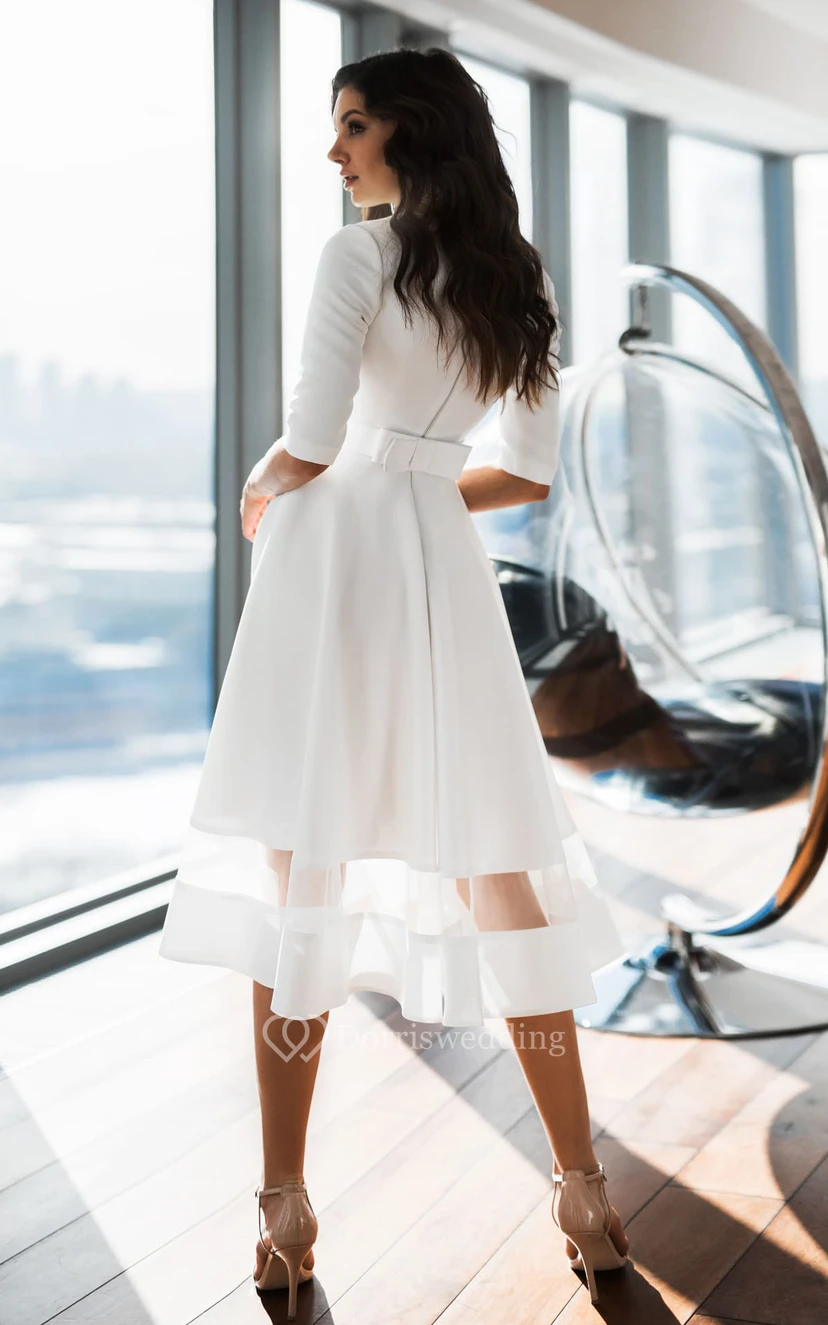 Simple V-neck A Line Satin Tea-length Wedding Dress view 2